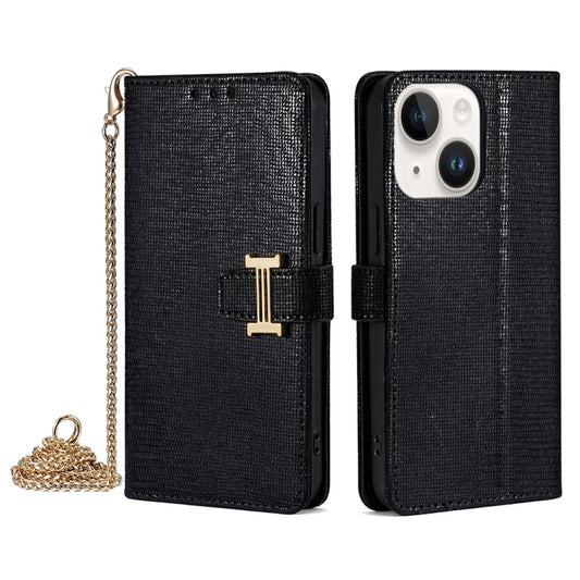 For iPhone 15 Plus POLA Crossbody Chain I-Shape Buckle Sequins Leather Phone Case(Black) - iPhone 15 Plus Cases by POLA | Online Shopping UK | buy2fix