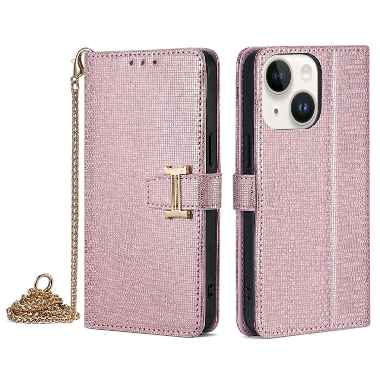 For iPhone 15 POLA Crossbody Chain I-Shape Buckle Sequins Leather Phone Case(Rose Gold) - iPhone 15 Cases by POLA | Online Shopping UK | buy2fix
