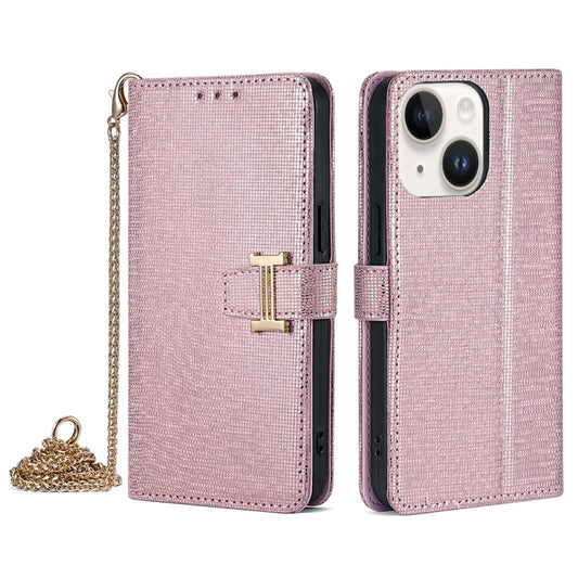 For iPhone 15 POLA Crossbody Chain I-Shape Buckle Sequins Leather Phone Case(Rose Gold) - iPhone 15 Cases by POLA | Online Shopping UK | buy2fix