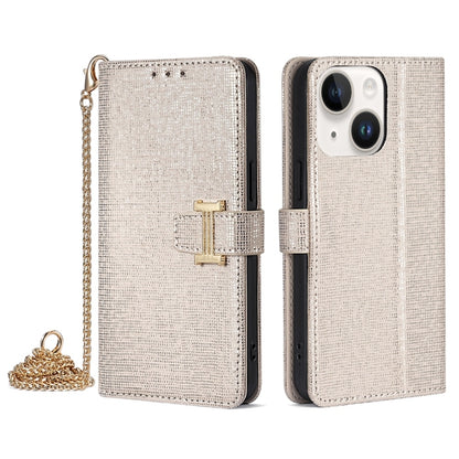 For iPhone 15 POLA Crossbody Chain I-Shape Buckle Sequins Leather Phone Case(White) - iPhone 15 Cases by POLA | Online Shopping UK | buy2fix