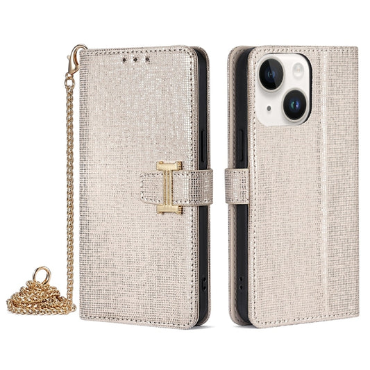 For iPhone 15 POLA Crossbody Chain I-Shape Buckle Sequins Leather Phone Case(White) - iPhone 15 Cases by POLA | Online Shopping UK | buy2fix