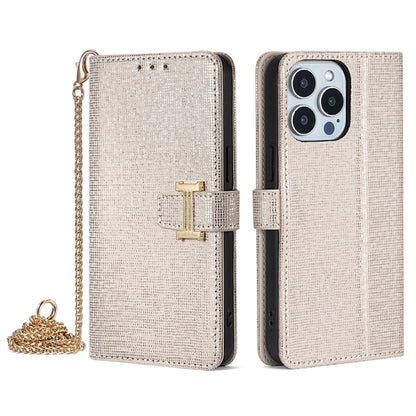 For iPhone 14 Pro POLA Crossbody Chain I-Shape Buckle Sequins Leather Phone Case(White) - iPhone 14 Pro Cases by POLA | Online Shopping UK | buy2fix