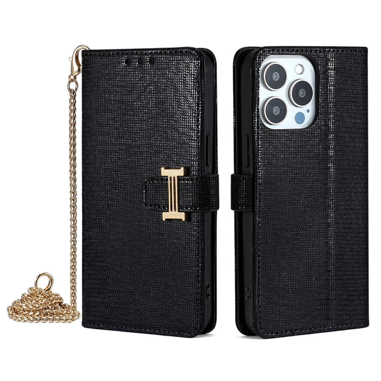 For iPhone 14 Pro Max POLA Crossbody Chain I-Shape Buckle Sequins Leather Phone Case(Black) - iPhone 14 Pro Max Cases by POLA | Online Shopping UK | buy2fix