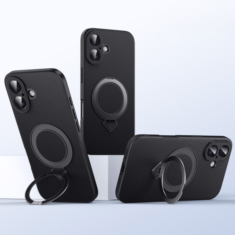 For iPhone 16 SULADA Top Grain Leather MagSafe Magnetic Holder Phone Case(Black) by SULADA