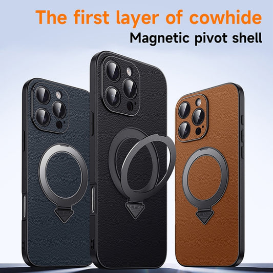 For iPhone 16 SULADA Top Grain Leather MagSafe Magnetic Holder Phone Case(Black) by SULADA