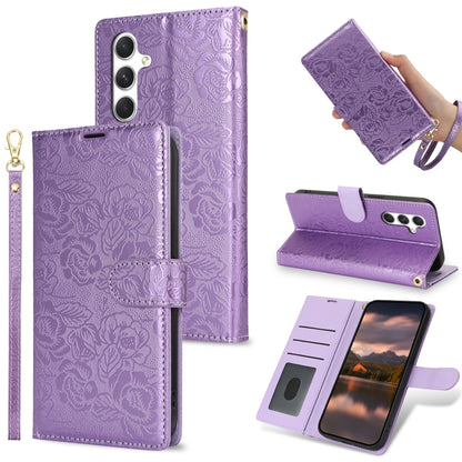 For Samsung Galaxy S25 5G Peony Flowers Imprint Leather Phone Case(Purple) - Galaxy S25 5G Cases by buy2fix | Online Shopping UK | buy2fix