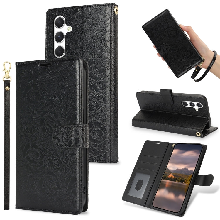 For Samsung Galaxy S25+ 5G Peony Flowers Imprint Leather Phone Case(Black) by buy2fix