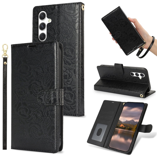 For Samsung Galaxy S25+ 5G Peony Flowers Imprint Leather Phone Case(Black) by buy2fix