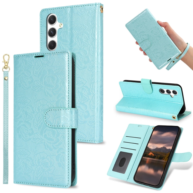 For Samsung Galaxy S25+ 5G Peony Flowers Imprint Leather Phone Case(Sky Blue) - Galaxy S25+ 5G Cases by buy2fix | Online Shopping UK | buy2fix