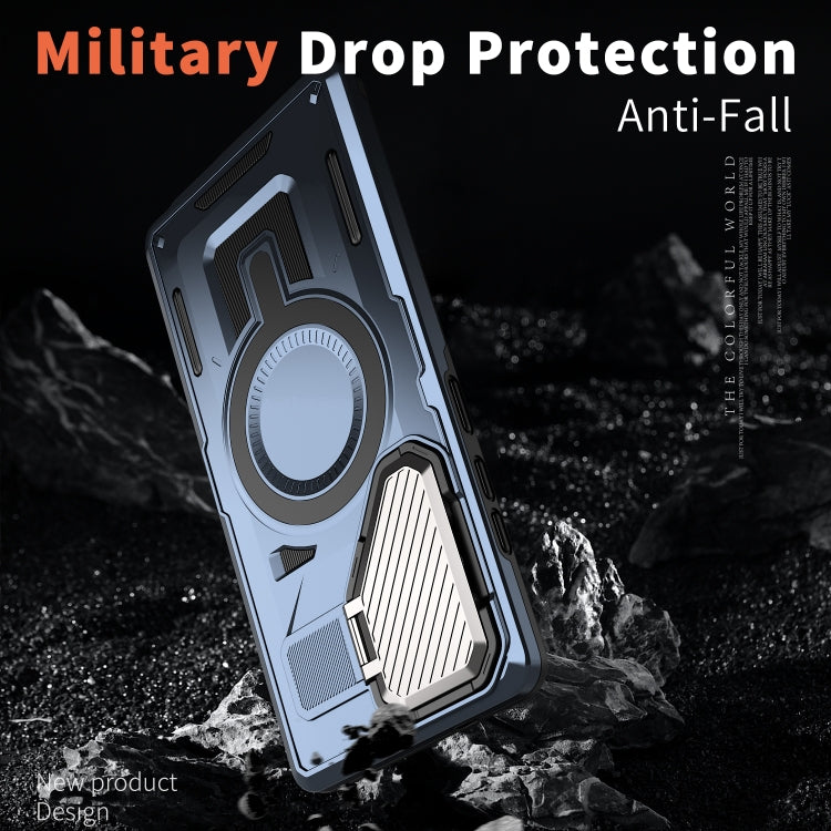 For Samsung Galaxy S25 5G Shield Frame Holder MagSafe Phone Case(Blue) by buy2fix