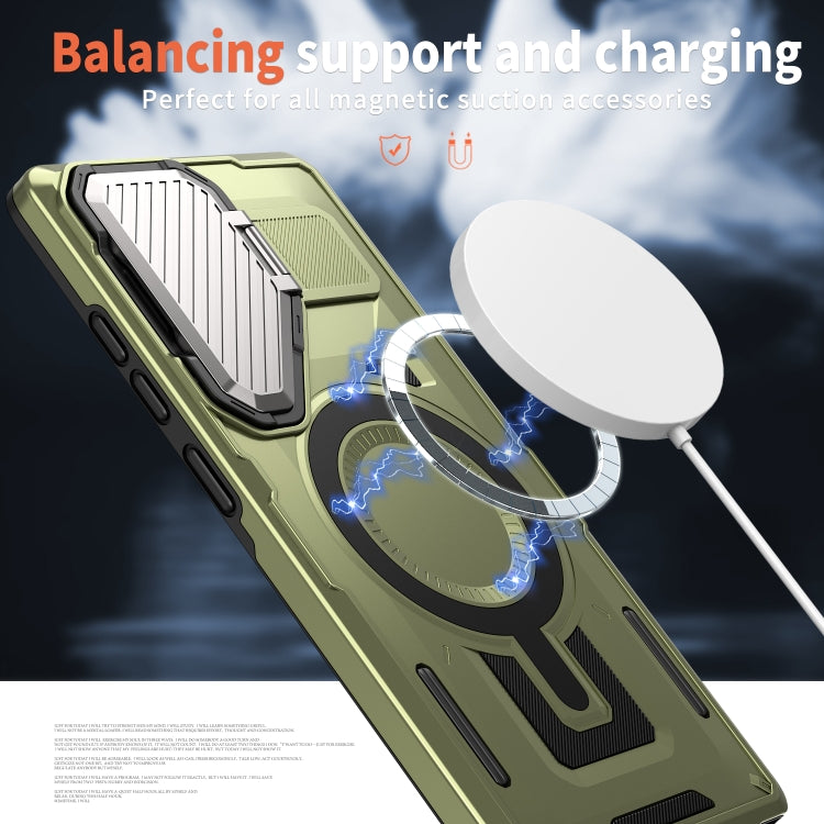 For Samsung Galaxy S25 5G Shield Frame Holder MagSafe Phone Case(Olive Green) by buy2fix