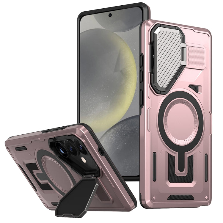 For Samsung Galaxy S25 5G Shield Frame Holder MagSafe Phone Case(Rose Gold) - Galaxy S25 5G Cases by buy2fix | Online Shopping UK | buy2fix