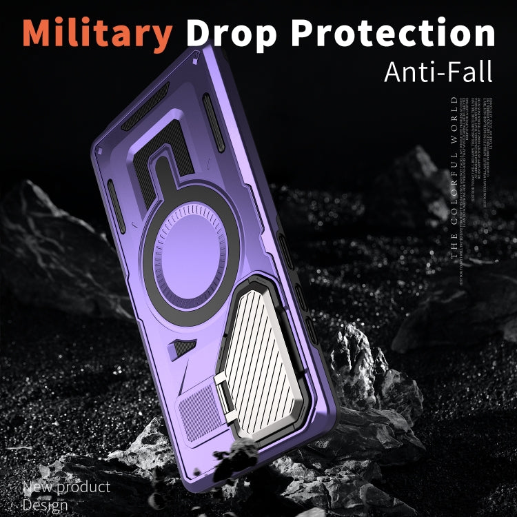 For Samsung Galaxy S25 5G Shield Frame Holder MagSafe Phone Case(Purple) by buy2fix