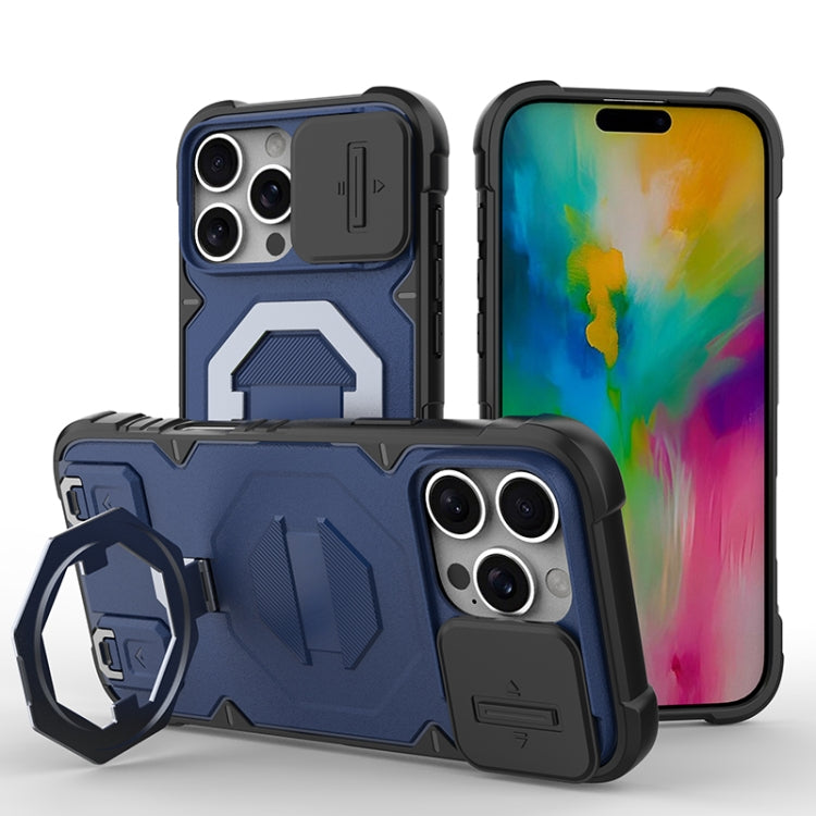 For iPhone 16 Pro Camera Shield Armor MagSafe Holder Phone Case with Strap(Sapphire Blue) - iPhone 16 Pro Cases by buy2fix | Online Shopping UK | buy2fix