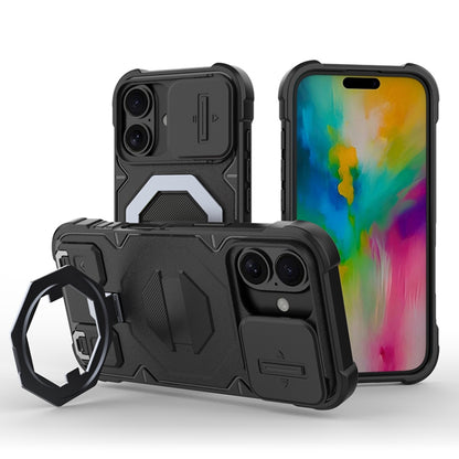 For iPhone 16 Plus Camera Shield Armor MagSafe Holder Phone Case with Strap(Black) - iPhone 16 Plus Cases by buy2fix | Online Shopping UK | buy2fix