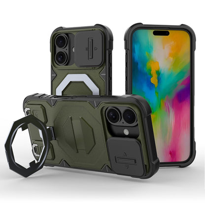 For iPhone 16 Camera Shield Armor MagSafe Holder Phone Case with Strap(Dark Green) - iPhone 16 Cases by buy2fix | Online Shopping UK | buy2fix