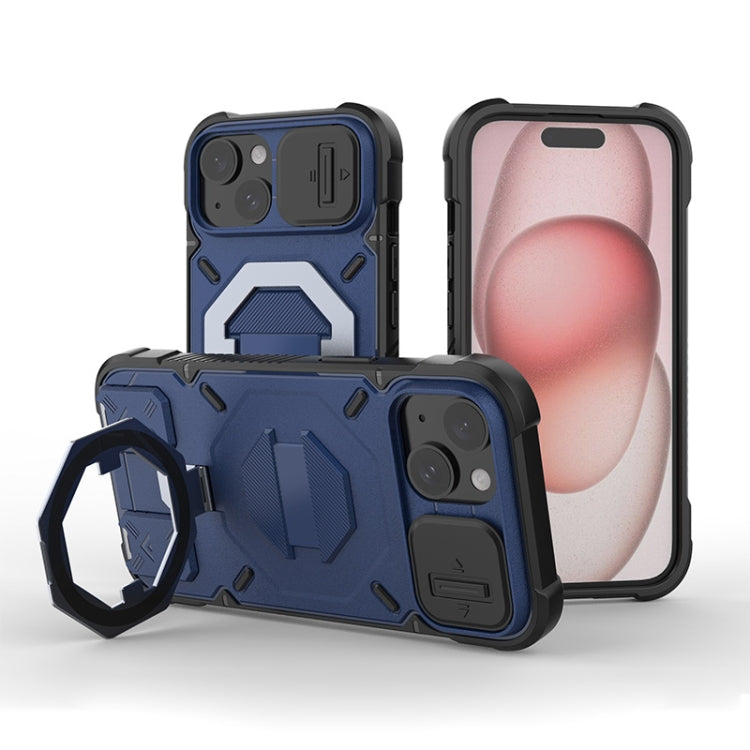 For iPhone 14 Plus Camera Shield Armor MagSafe Holder Phone Case with Strap(Sapphire Blue) by buy2fix