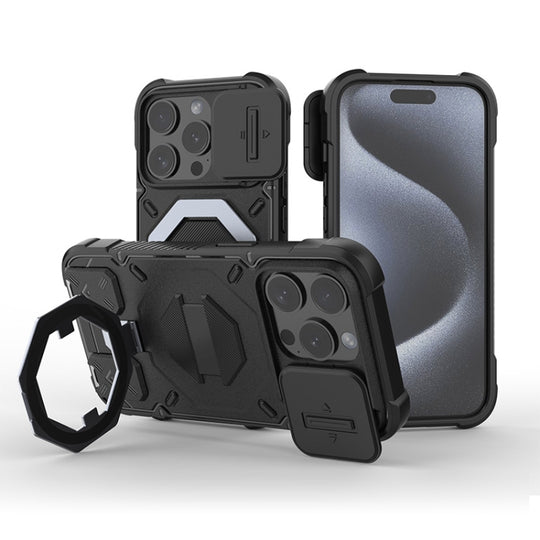 For iPhone 14 Pro Max Camera Shield Armor MagSafe Holder Phone Case with Strap(Black)