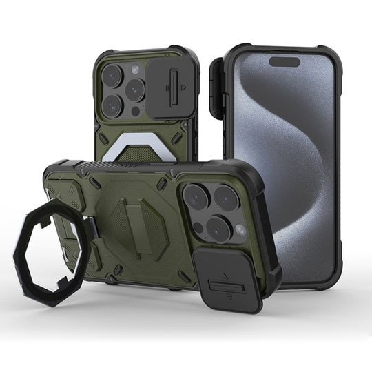 For iPhone 14 Pro Max Camera Shield Armor MagSafe Holder Phone Case with Strap(Dark Green)