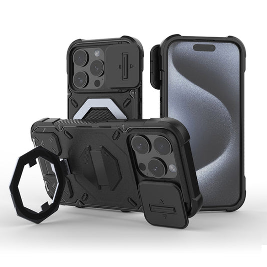 For iPhone 13 Pro Max Camera Shield Armor MagSafe Holder Phone Case with Strap(Black) by buy2fix