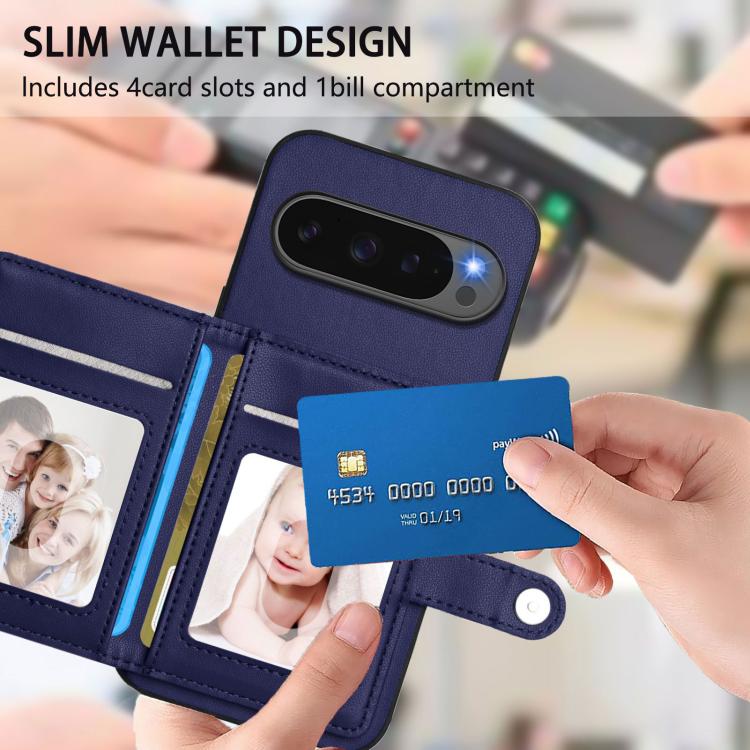 For Google Pixel 10 Pro XL Button Card Bag RFID Anti-theft Phone Case(Blue) - Google Cases by buy2fix | Online Shopping UK | buy2fix