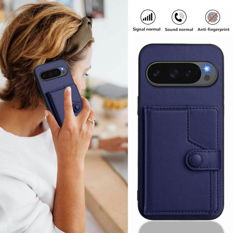 For Google Pixel 10 Pro XL Button Card Bag RFID Anti-theft Phone Case(Blue) - Google Cases by buy2fix | Online Shopping UK | buy2fix
