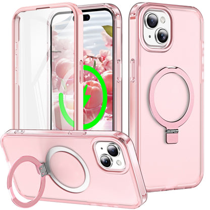 For iPhone 15 Plus Frosted Skin Feel MagSafe Holder 360 Full Body Phone Case(Pink) - iPhone 15 Plus Cases by buy2fix | Online Shopping UK | buy2fix
