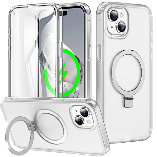 For iPhone 15 Frosted Skin Feel MagSafe Holder 360 Full Body Phone Case(Transparent) - iPhone 15 Cases by buy2fix | Online Shopping UK | buy2fix