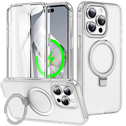 For iPhone 13 Pro Max Frosted Skin Feel MagSafe Holder 360 Full Body Phone Case(Transparent) - iPhone 13 Pro Max Cases by buy2fix | Online Shopping UK | buy2fix