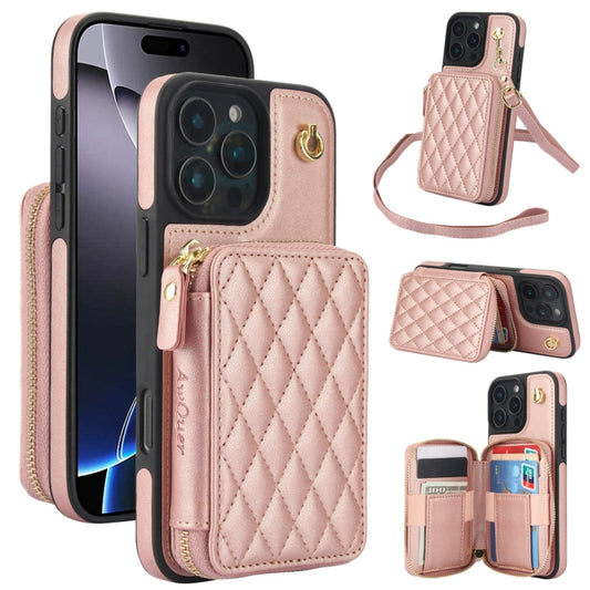 For iPhone 16 Pro Max AwQuer Crossbody Zipper Wallet Rhombic Leather Back Phone Case(Rose Gold) - iPhone 16 Pro Max Cases by Awquer | Online Shopping UK | buy2fix