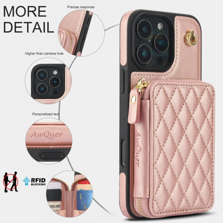 For iPhone 16 Pro Max AwQuer Crossbody Zipper Wallet Rhombic Leather Back Phone Case(Rose Gold) - iPhone 16 Pro Max Cases by Awquer | Online Shopping UK | buy2fix