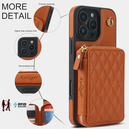 For iPhone 16 Pro Max AwQuer Crossbody Zipper Wallet Rhombic Leather Back Phone Case(Brown) - iPhone 16 Pro Max Cases by Awquer | Online Shopping UK | buy2fix