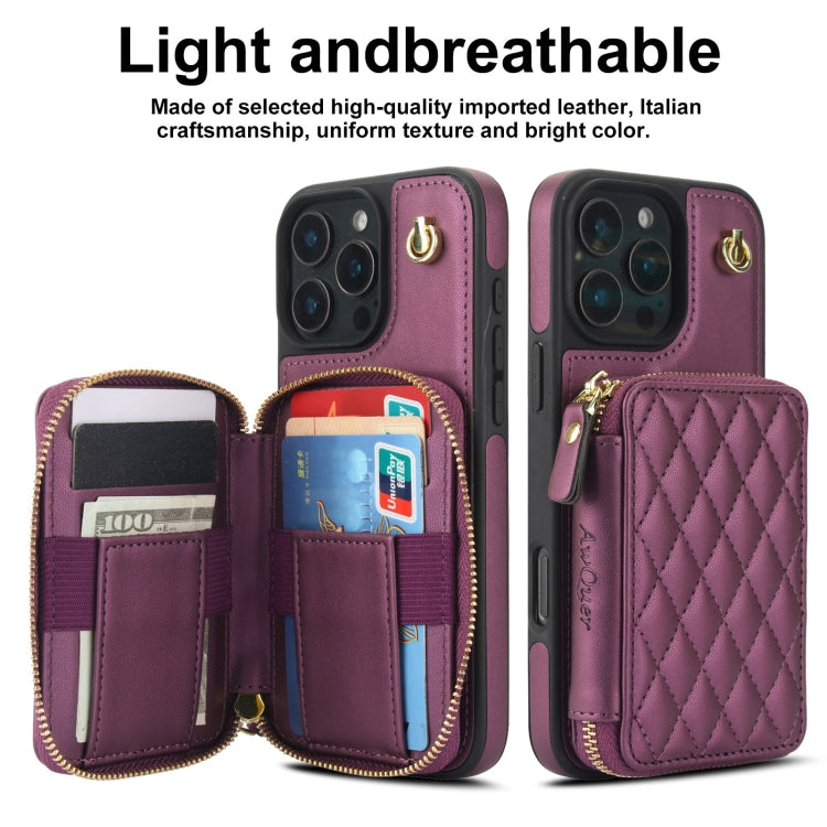 For iPhone 16 Pro AwQuer Crossbody Zipper Wallet Rhombic Leather Back Phone Case(Dark Purple) - iPhone 16 Pro Cases by Awquer | Online Shopping UK | buy2fix