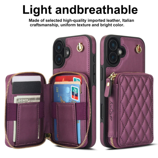 For iPhone 16 Plus AwQuer Crossbody Zipper Wallet Rhombic Leather Back Phone Case(Dark Purple) by Awquer