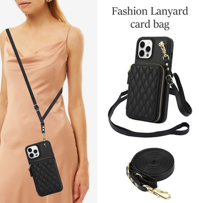 For iPhone 15 Pro Max AwQuer Crossbody Zipper Wallet Rhombic Leather Back Phone Case(Black) - iPhone 15 Pro Max Cases by Awquer | Online Shopping UK | buy2fix