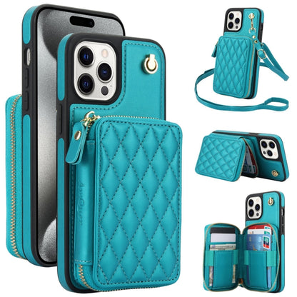 For iPhone 15 Pro Max AwQuer Crossbody Zipper Wallet Rhombic Leather Back Phone Case(Green) - iPhone 15 Pro Max Cases by Awquer | Online Shopping UK | buy2fix