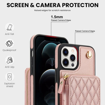 For iPhone 15 Pro Max AwQuer Crossbody Zipper Wallet Rhombic Leather Back Phone Case(Rose Gold) - iPhone 15 Pro Max Cases by Awquer | Online Shopping UK | buy2fix