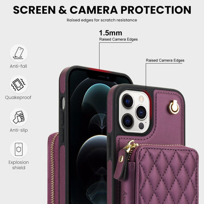 For iPhone 15 Pro Max AwQuer Crossbody Zipper Wallet Rhombic Leather Back Phone Case(Dark Purple) - iPhone 15 Pro Max Cases by Awquer | Online Shopping UK | buy2fix