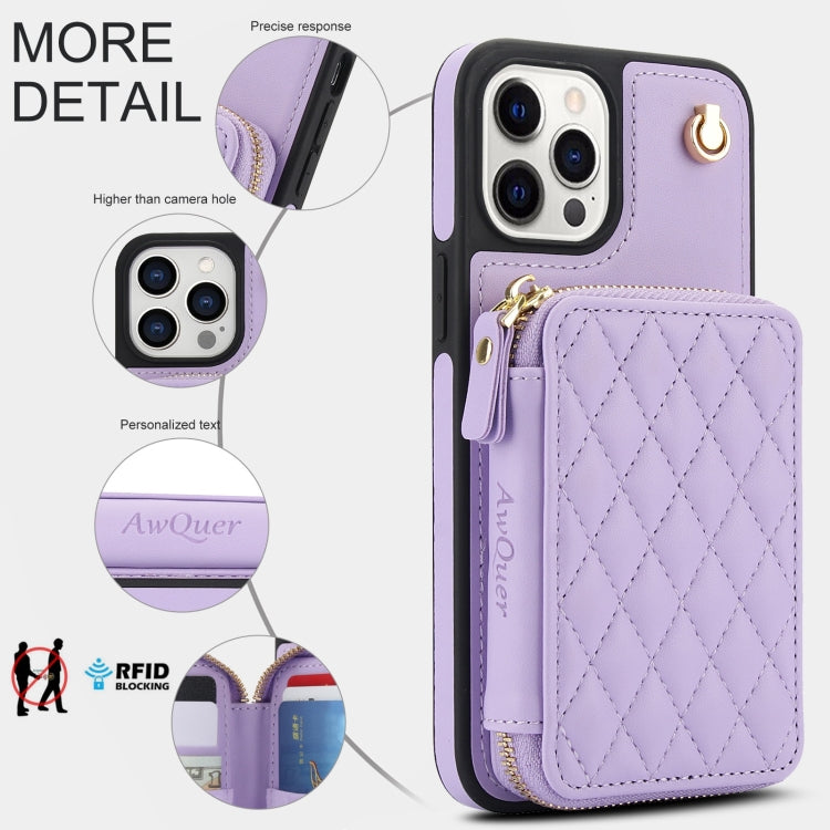 For iPhone 15 Pro Max AwQuer Crossbody Zipper Wallet Rhombic Leather Back Phone Case(Purple) - iPhone 15 Pro Max Cases by Awquer | Online Shopping UK | buy2fix