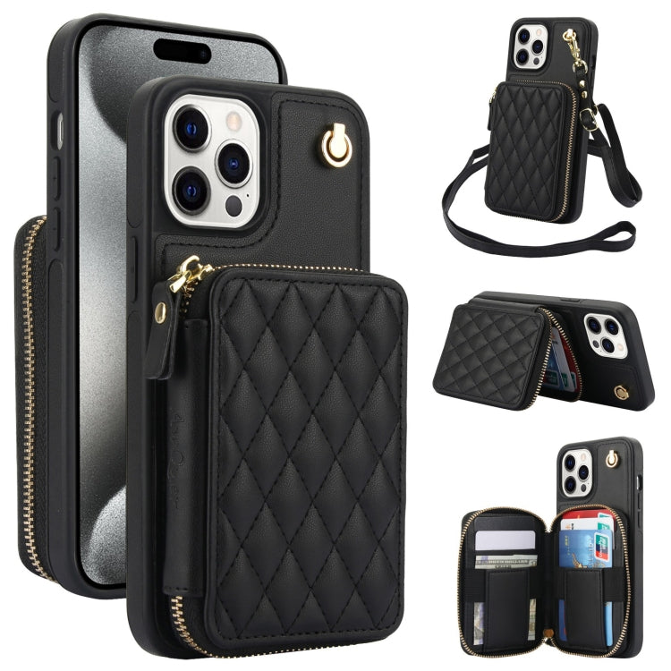 For iPhone 15 Pro AwQuer Crossbody Zipper Wallet Rhombic Leather Back Phone Case(Black) - iPhone 15 Pro Cases by Awquer | Online Shopping UK | buy2fix