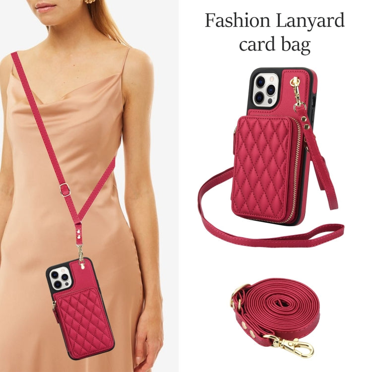 For iPhone 15 Pro AwQuer Crossbody Zipper Wallet Rhombic Leather Back Phone Case(Red) - iPhone 15 Pro Cases by Awquer | Online Shopping UK | buy2fix
