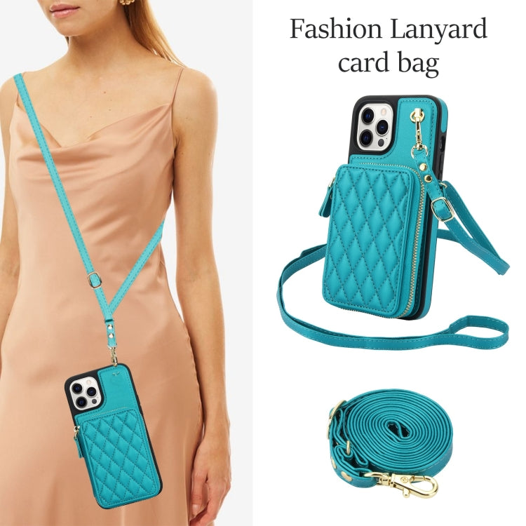 For iPhone 15 Pro AwQuer Crossbody Zipper Wallet Rhombic Leather Back Phone Case(Green) - iPhone 15 Pro Cases by Awquer | Online Shopping UK | buy2fix