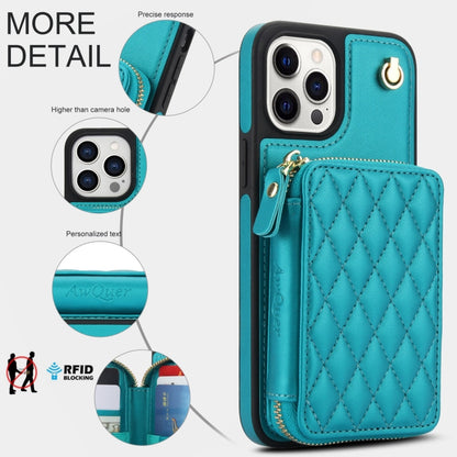 For iPhone 15 Pro AwQuer Crossbody Zipper Wallet Rhombic Leather Back Phone Case(Green) - iPhone 15 Pro Cases by Awquer | Online Shopping UK | buy2fix