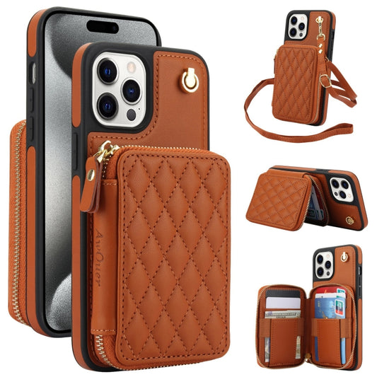 For iPhone 15 Pro AwQuer Crossbody Zipper Wallet Rhombic Leather Back Phone Case(Brown) - iPhone 15 Pro Cases by Awquer | Online Shopping UK | buy2fix