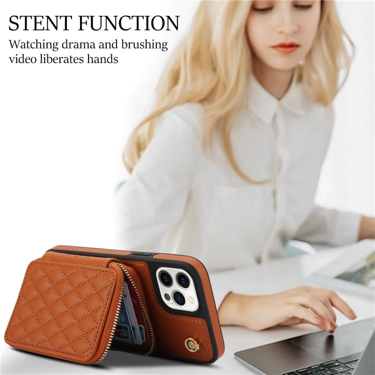 For iPhone 15 Pro AwQuer Crossbody Zipper Wallet Rhombic Leather Back Phone Case(Brown) - iPhone 15 Pro Cases by Awquer | Online Shopping UK | buy2fix