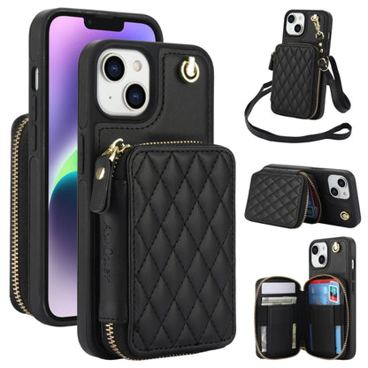 For iPhone 15 Plus AwQuer Crossbody Zipper Wallet Rhombic Leather Back Phone Case(Black) - iPhone 15 Plus Cases by Awquer | Online Shopping UK | buy2fix