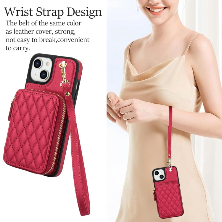 For iPhone 15 Plus AwQuer Crossbody Zipper Wallet Rhombic Leather Back Phone Case(Red) - iPhone 15 Plus Cases by Awquer | Online Shopping UK | buy2fix