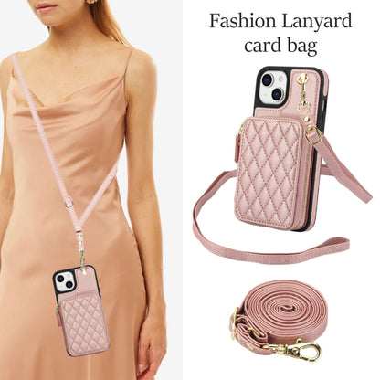 For iPhone 15 Plus AwQuer Crossbody Zipper Wallet Rhombic Leather Back Phone Case(Rose Gold) - iPhone 15 Plus Cases by Awquer | Online Shopping UK | buy2fix