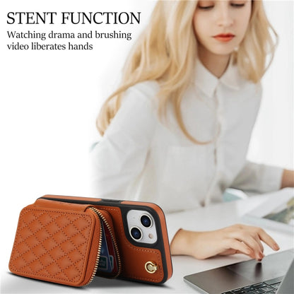 For iPhone 15 Plus AwQuer Crossbody Zipper Wallet Rhombic Leather Back Phone Case(Brown) - iPhone 15 Plus Cases by Awquer | Online Shopping UK | buy2fix