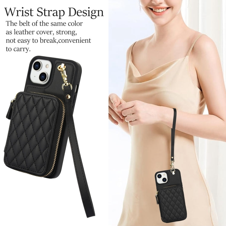 For iPhone 15 AwQuer Crossbody Zipper Wallet Rhombic Leather Back Phone Case(Black) - iPhone 15 Cases by Awquer | Online Shopping UK | buy2fix